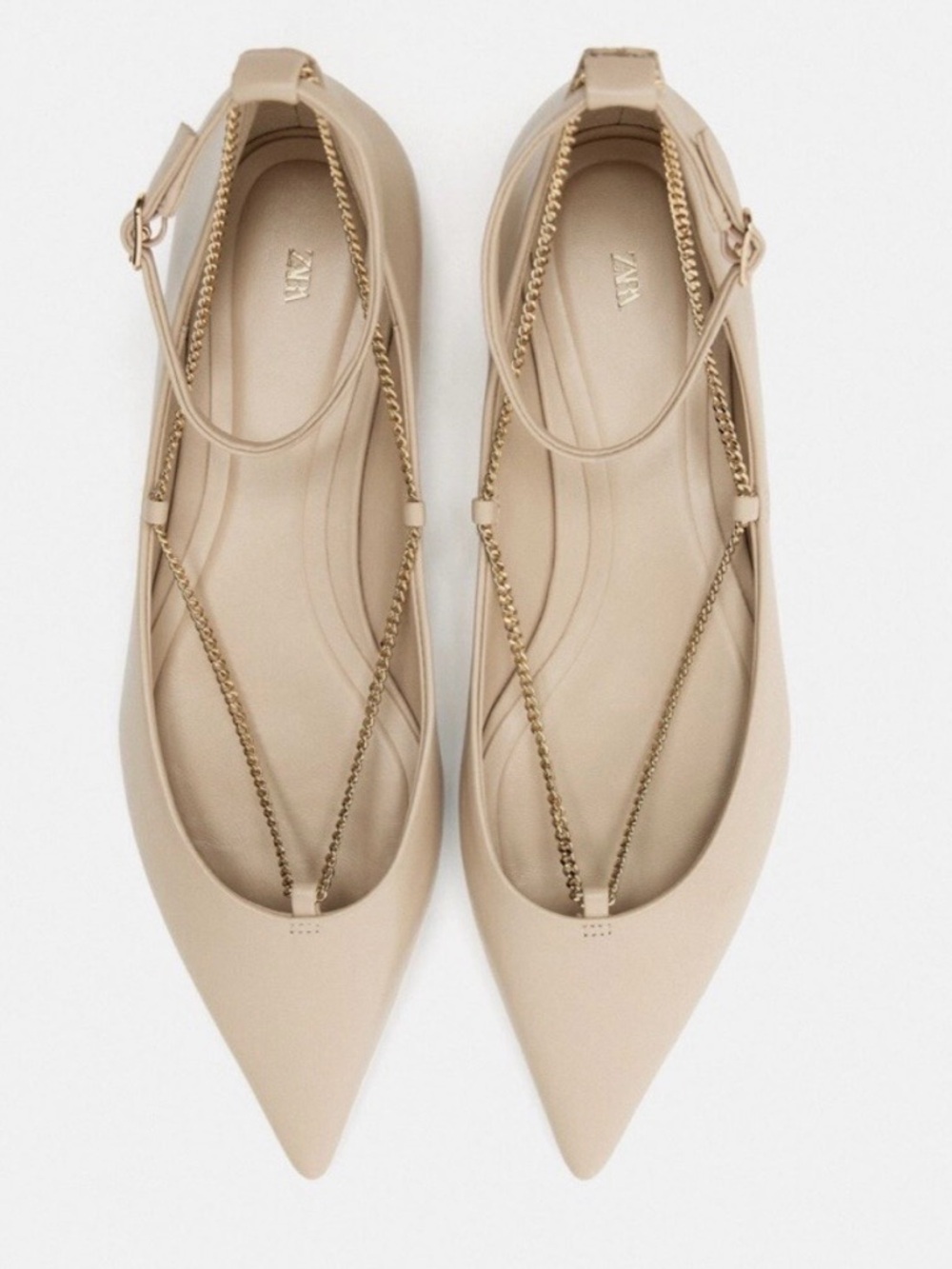 Zara Nude Pointed-Toe Slingback Flats with Gold Chain Detail